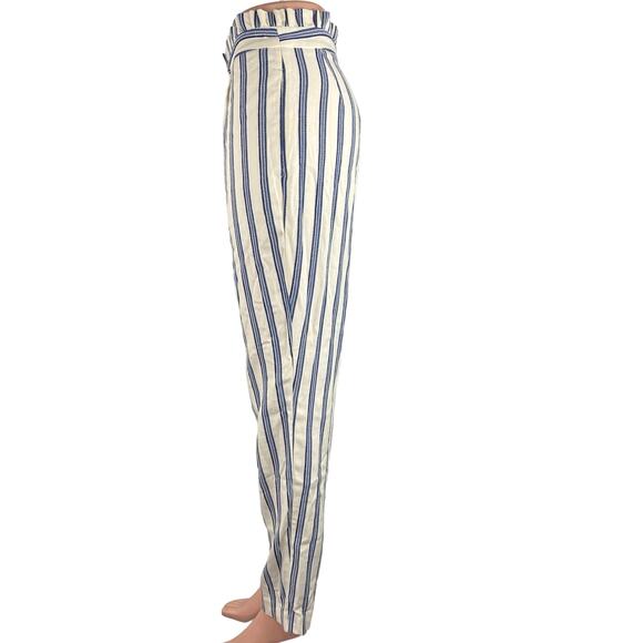 Express Blue White Stripe Ruffle High Rise Straight Leg Paperbag Trouser Pants 2 - Picture 2 of 7